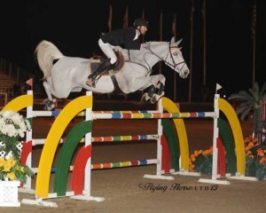 Eduardo Menezes and the grey mare Caruschka clear a rainbow-hued oxer.