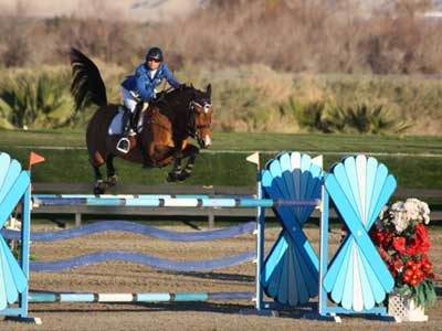 Francie Steinwedell-Carvin sails high over a sky blue jump with Lapsus du Lavoir