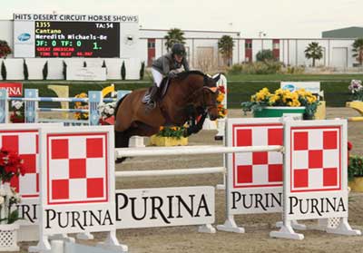 Meredith Michaels-Beerbaum and Cantano clear the checkerboard Purina jump.