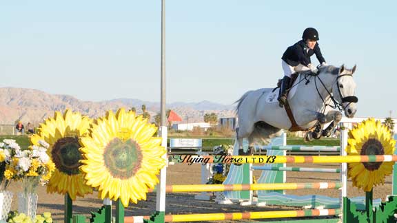 Josephina Nor and her graceful grey horse seem to float over a giant oxer constructed to look like Sunflowers.